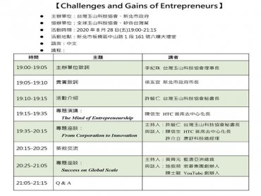 台灣玉山科技協會、新北市政府及矽谷台灣幫聯手重磅出擊！8/28舉辦「企業家的挑戰與收穫」論壇